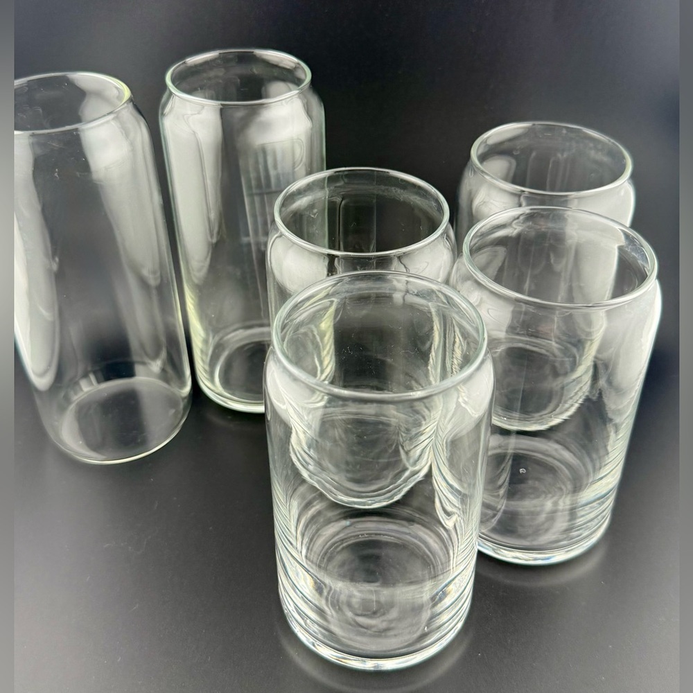6 Beer Can Glasses. 2 at 6.25” and 4 at 5.25” all 6 hold 16oz.